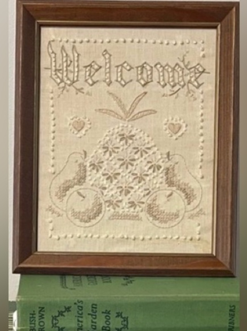 Vintage Boho Candlewick Needlepoint Welcome in wooden frame